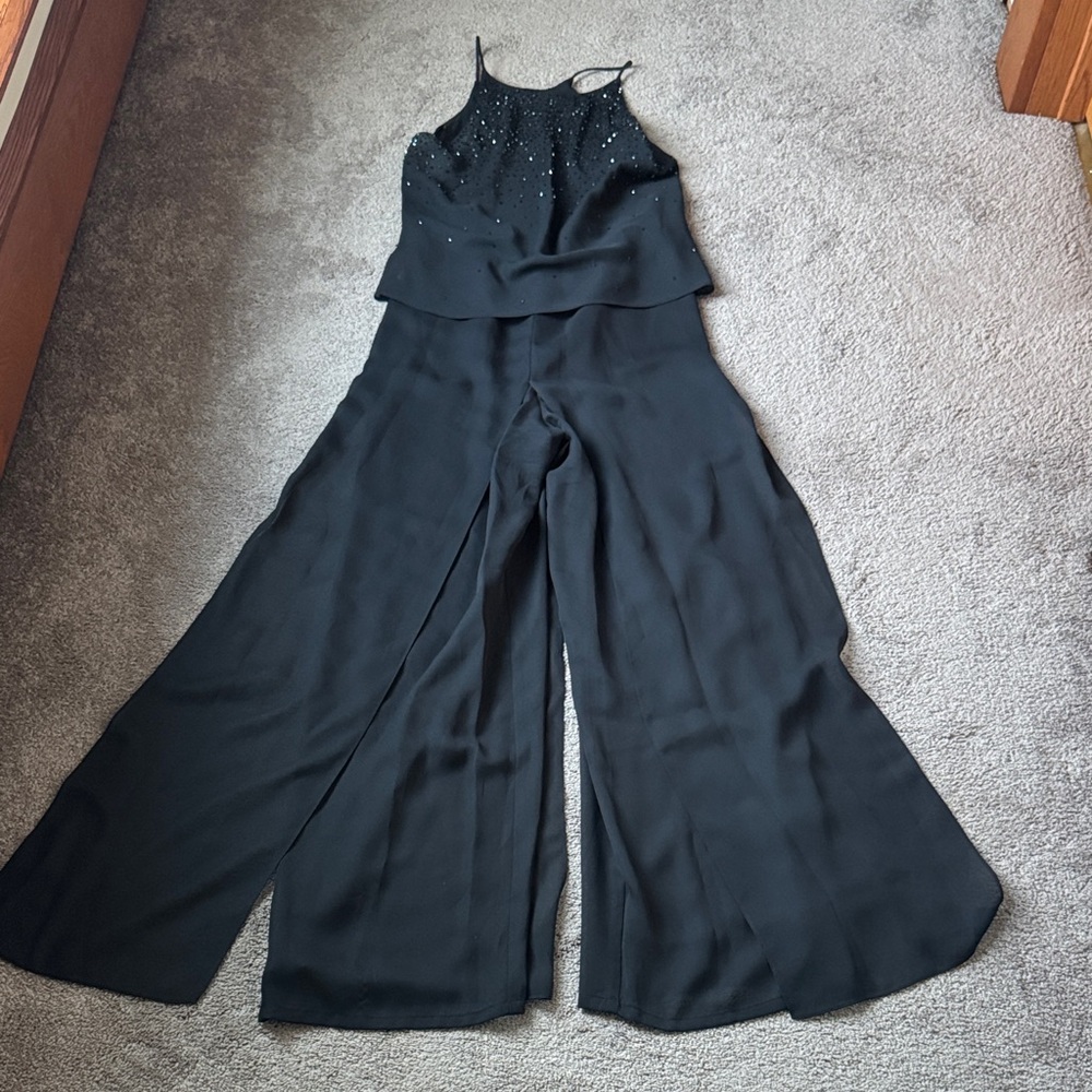 Chelsea Nites Black Chiffon Jumpsuit SIZE 8 Wide Leg Formal Evening Outfit
